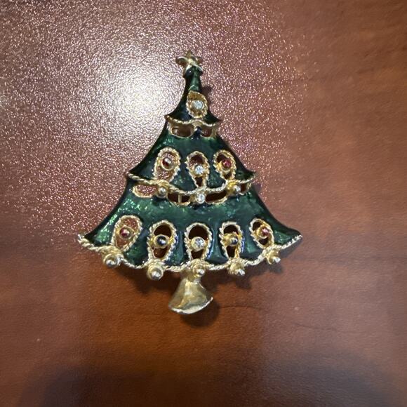Vintage Christmas Tree Enamel Pin Green Gem Ornaments Gold Brooch Holiday Retro - Picture 2 of 4